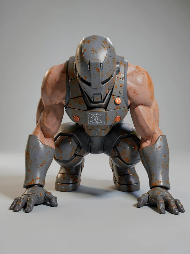 Crouched with both gloved hands on the floor, the engineer-pilot's helmet looks 