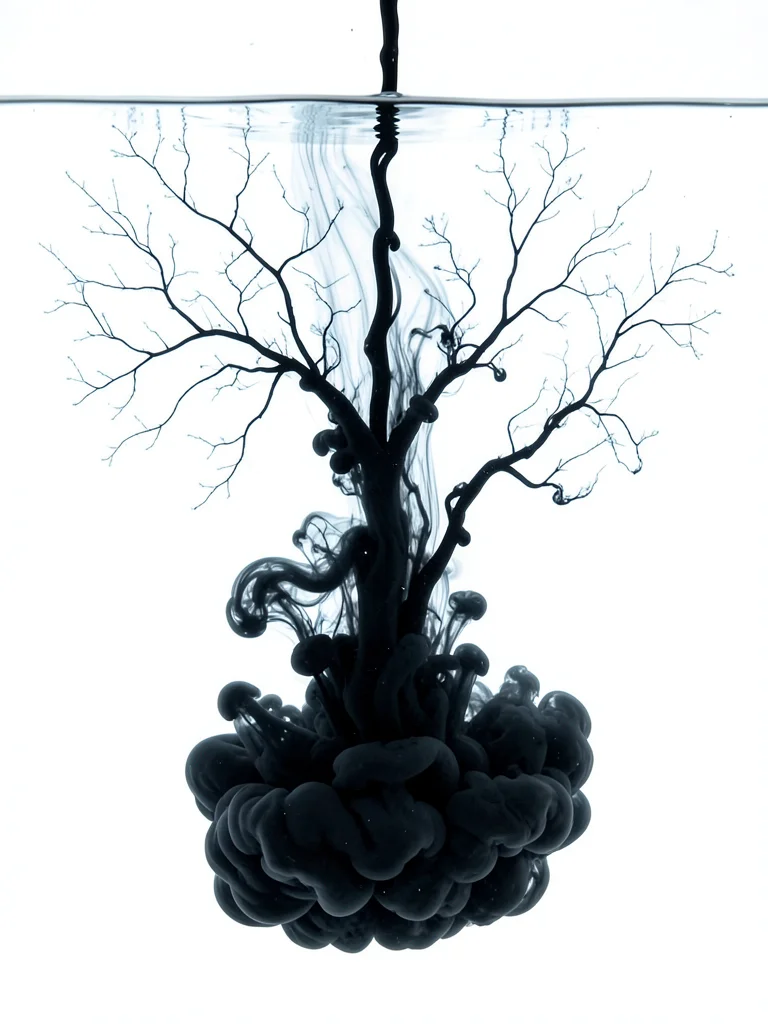 Black India ink dropped into still water, mushroom cloud expanding downward, ten
