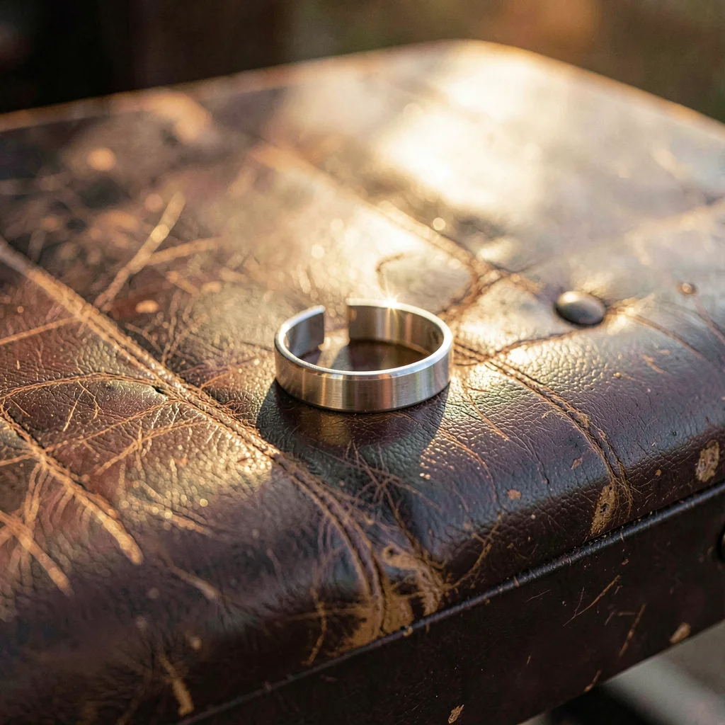 Warm hero of a chased silver cuff bracelet on a worn leather bench skin, late af