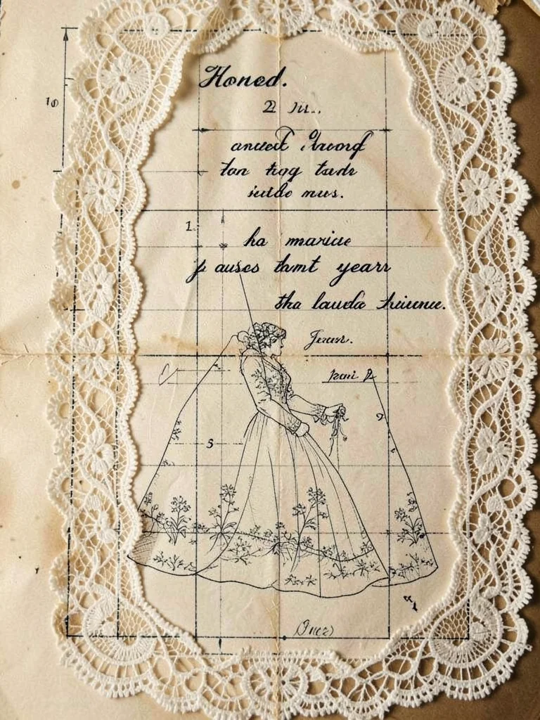Vintage lace from a wedding dress contact printed, the pattern becoming a bluepr