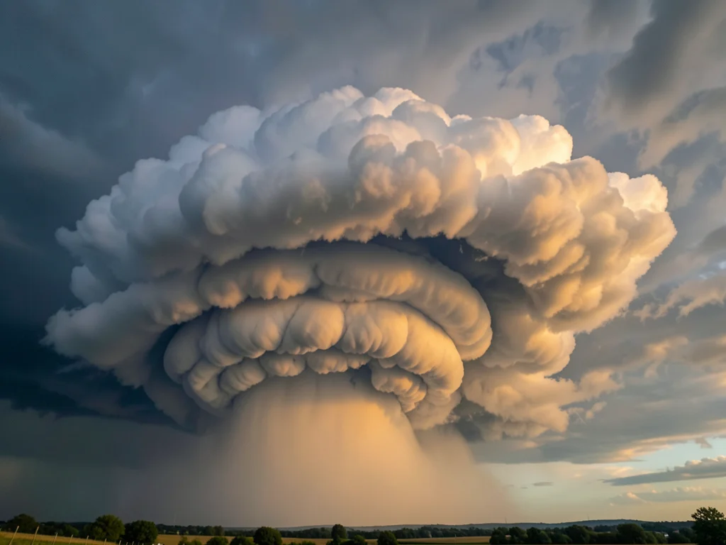 Mammatus clouds hanging from a storm cell base — rows of rounded pouches in grey