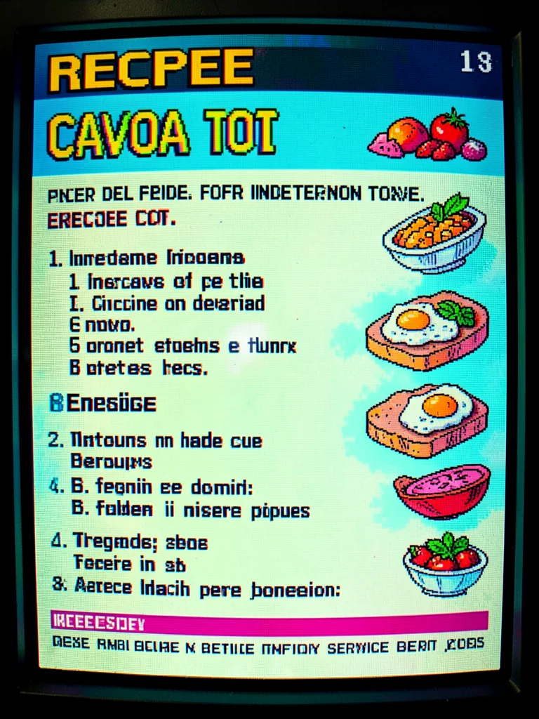 Recipe page for avocado toast, ingredients list, crude food illustration in pixe
