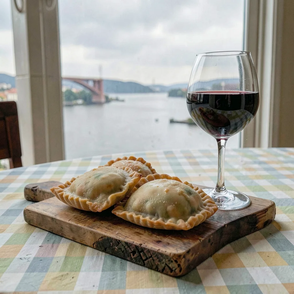 Quietly elegant photograph with Uruguayan sensibility, Empanadas on a wooden boa