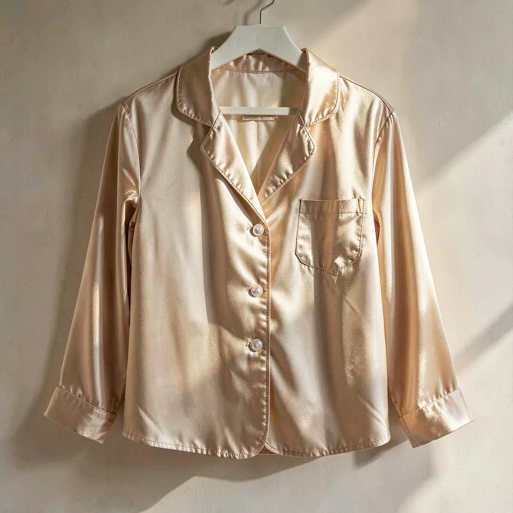 Warm garment study of a silk pajama top in champagne with mother-of-pearl button