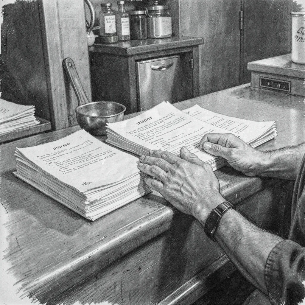 Charcoal portrait of hands fanning a stack of sample papers across a counter