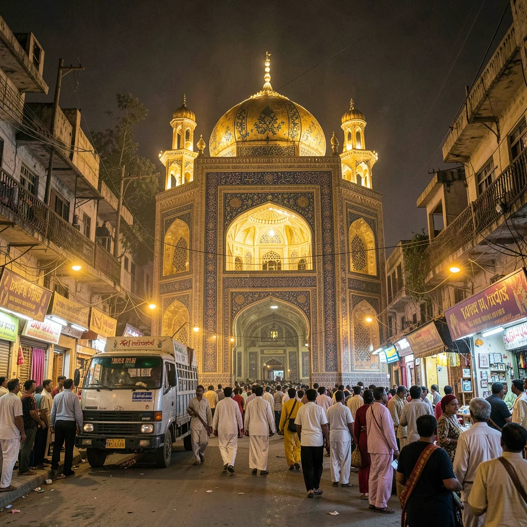 Elaborate decoration surviving dusty Lahore streets, Data Darbar shrine at night