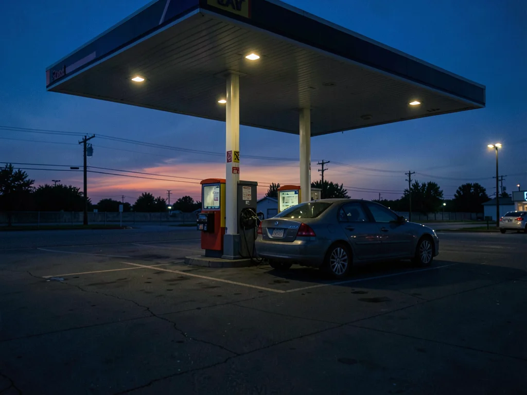 Gas station at blue hour, lone car filling up for Monday commute
