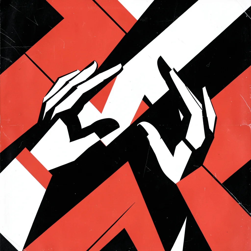 Two hands reaching toward each other, angular fragmented forms