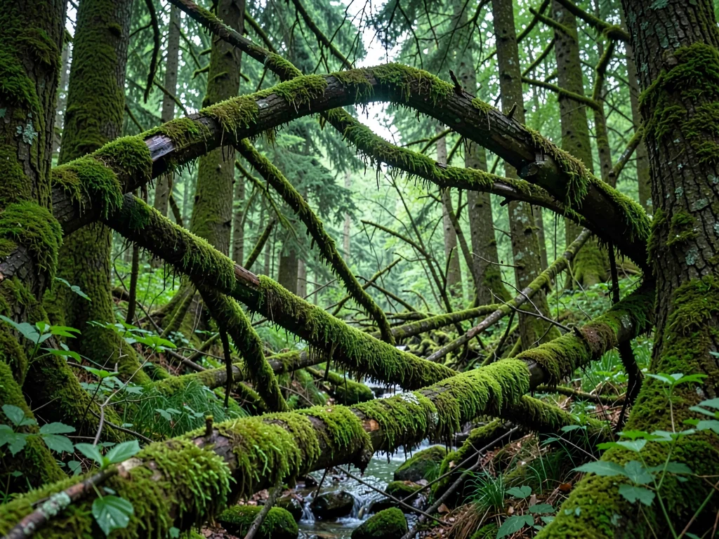 Fallen branches creating moss bridges
