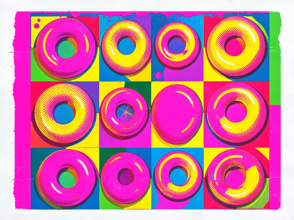 Summer pool floats arranged in Memphis style grid, neon pink and yellow