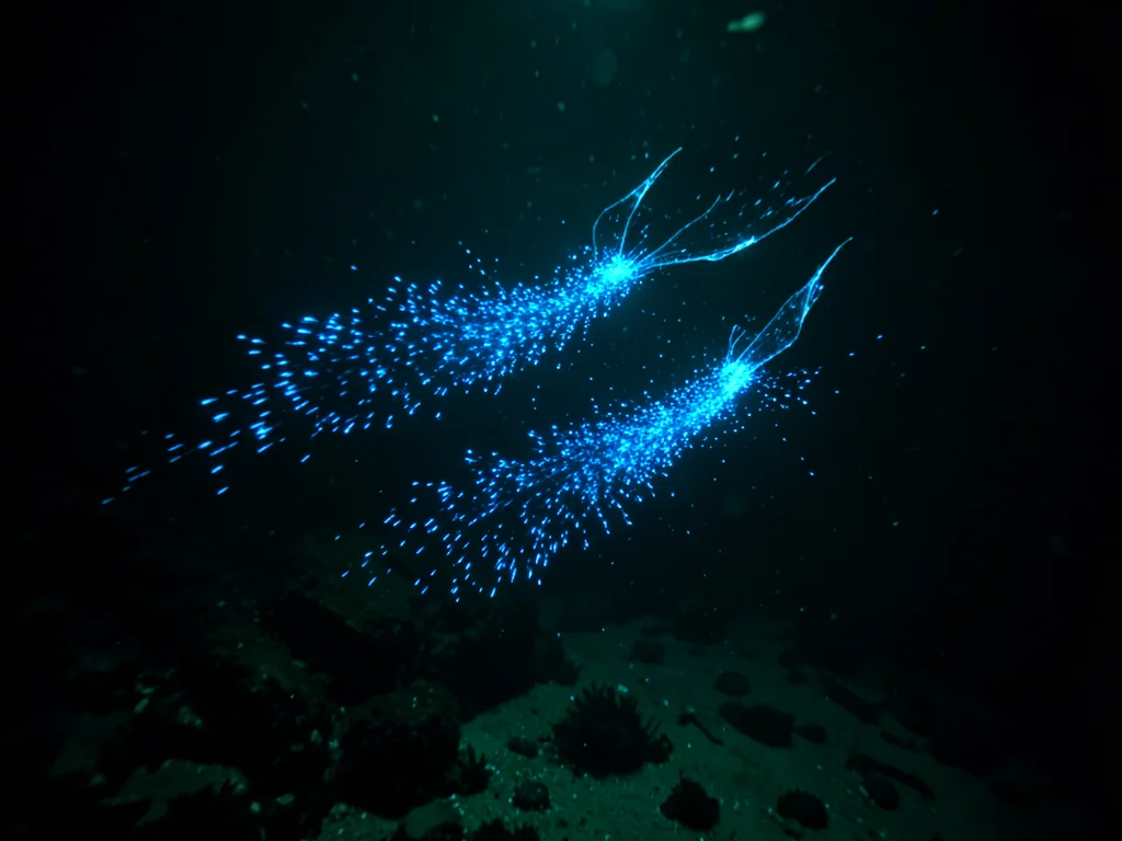 Fins swimming through bioluminescent water — pair of underwater fins trailing bl