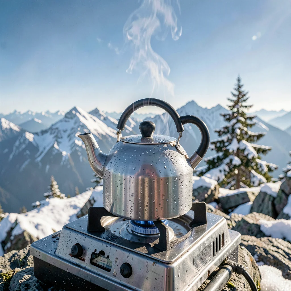 Crystal clear high-altitude light, sharp mountain air quality, A metal teapot st