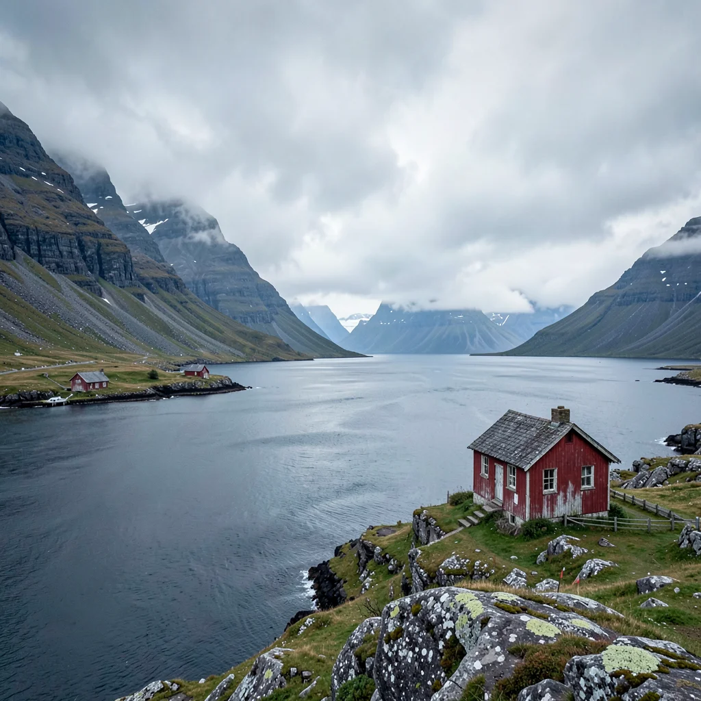 Icelandic isolation, Westfjords remoteness, Abandoned farmhouse at fjord edge, r