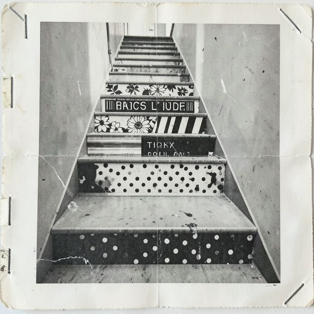 A staircase from an architecture magazine, each step a different cut-out pattern