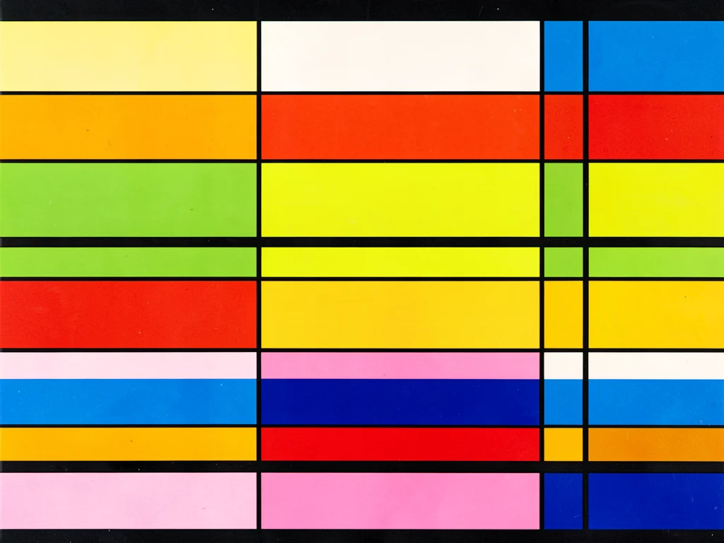 Fields and sky from above — pure horizontal color bands in primary palette