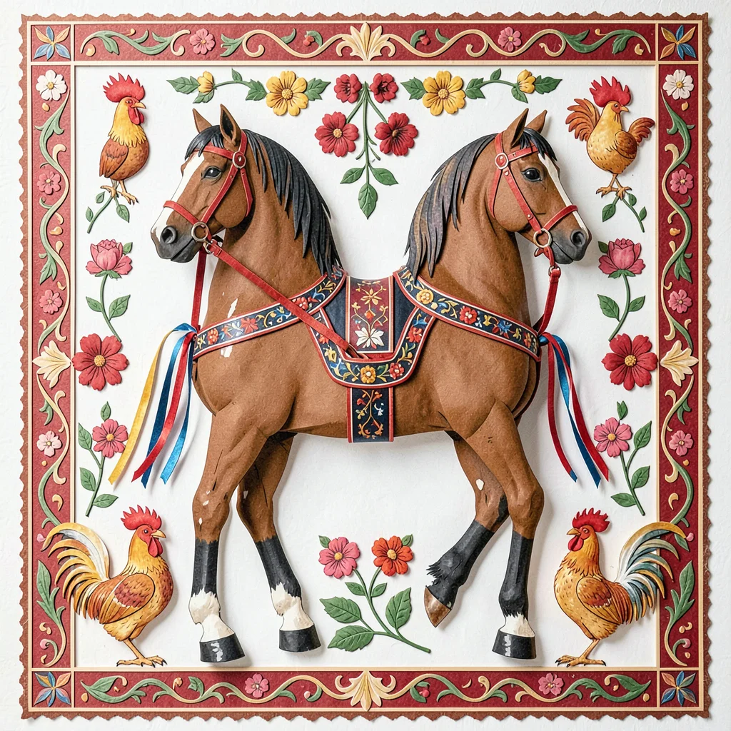 Polish wycinanki paper cut illustration, a horse decorated with folk harness and