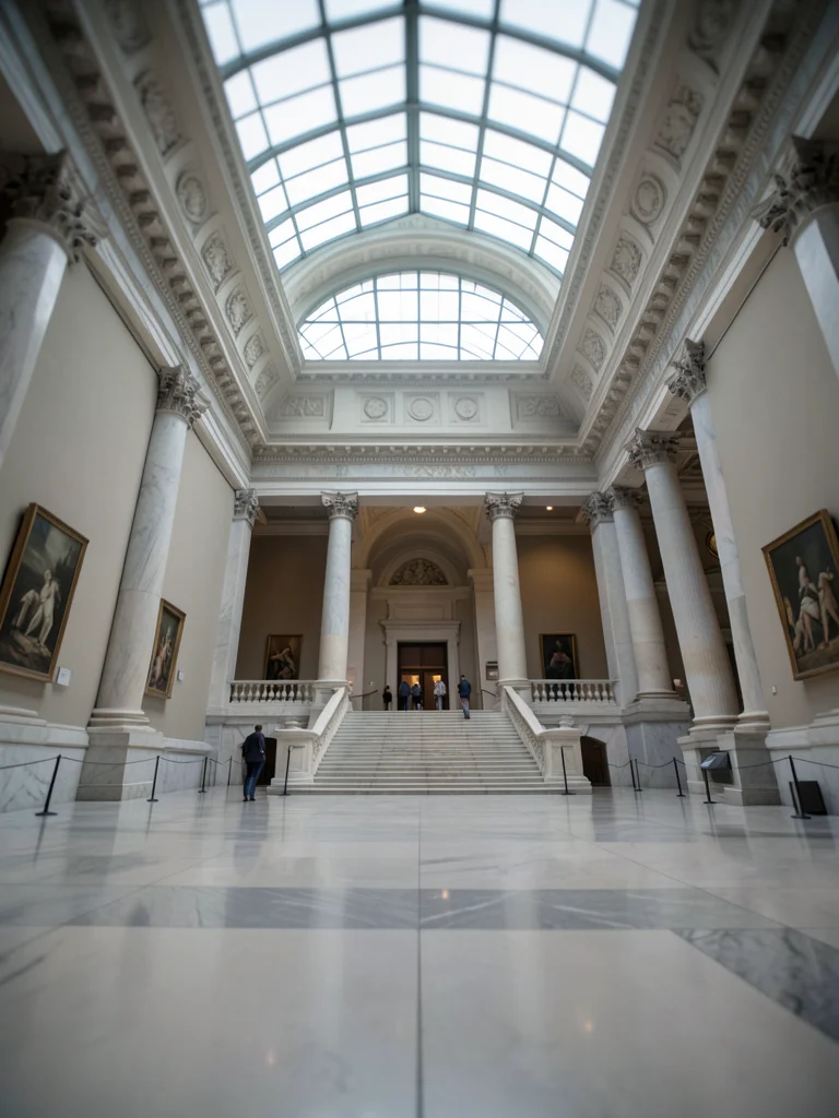 The entrance hall of a grand museum: marble staircase, columns, a skylit dome ab