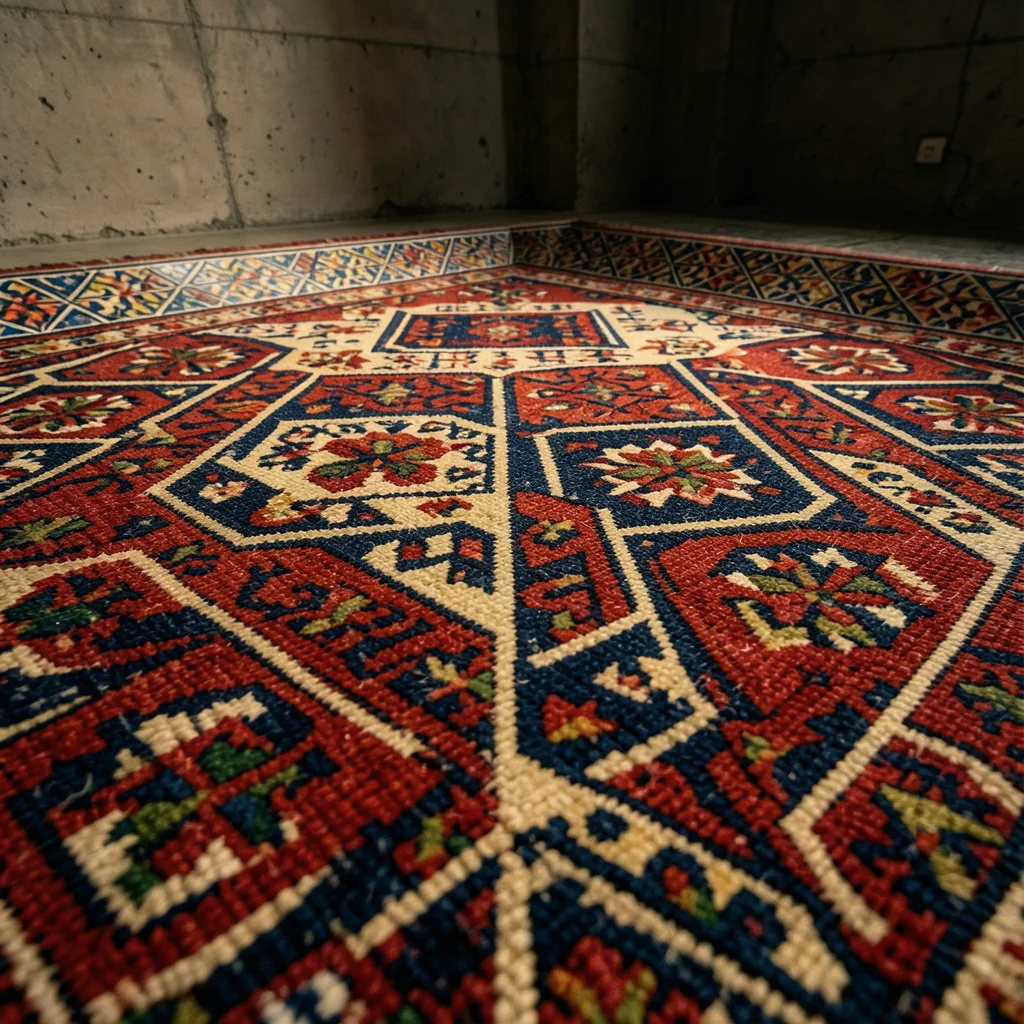 Persian carpet extreme close-up showing individual knots and pattern symmetry