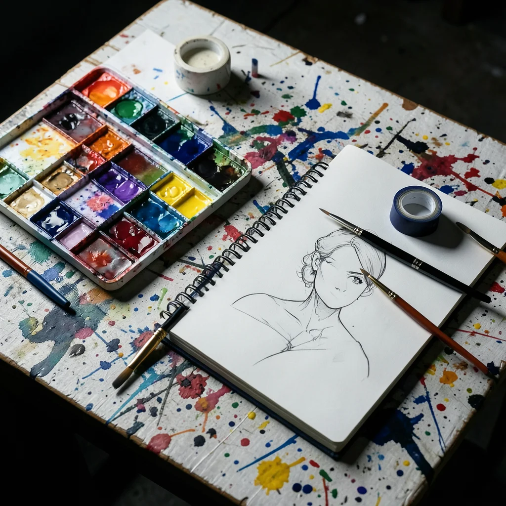 Art supplies flat lay: watercolor palette, brushes, tape, sketchbook on paint-sp
