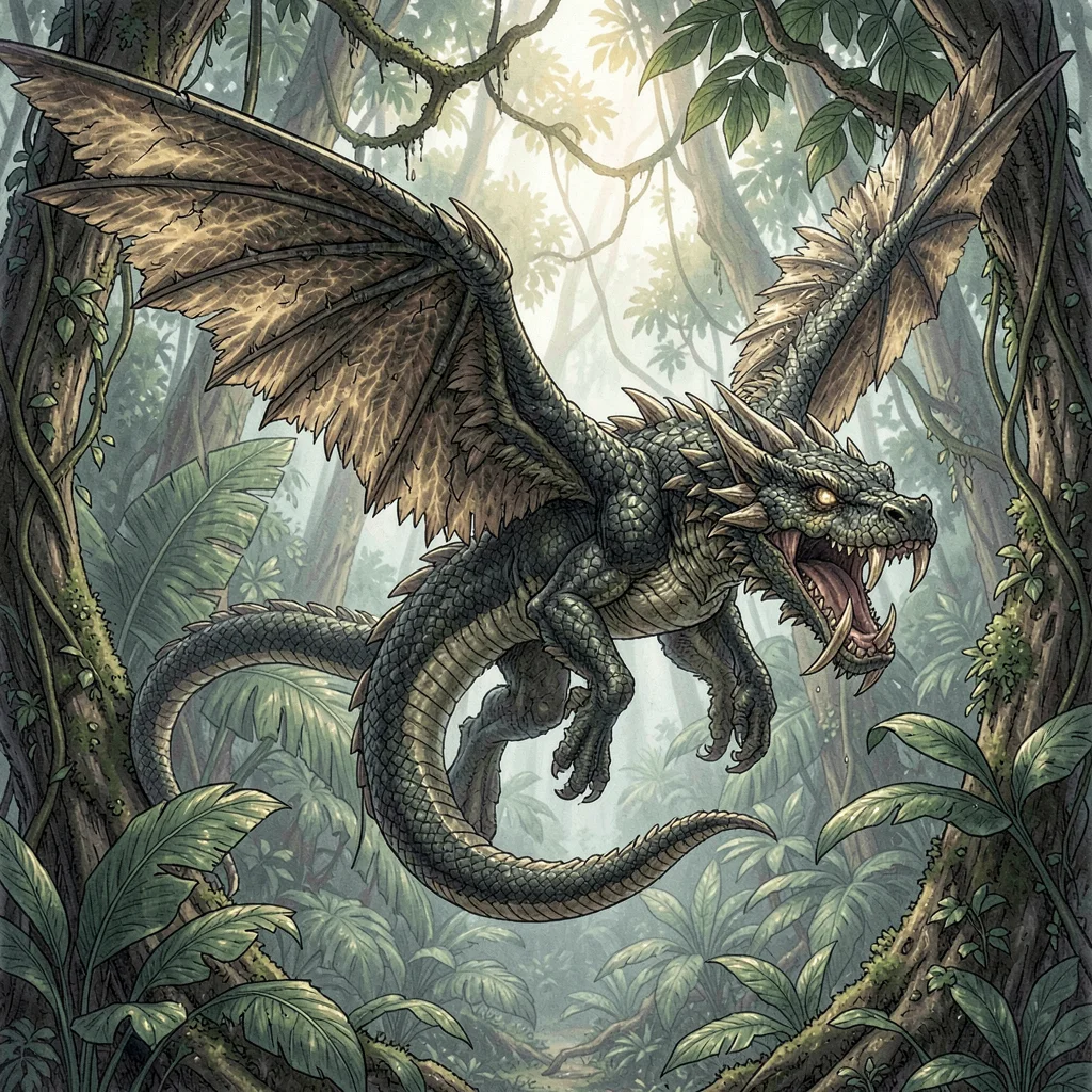 Fantasy creature illustration, a flying serpent with feathered wings and venomou
