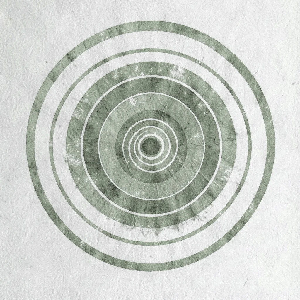Concentric vector rings expanding from a node-shaped core, muted moss and chalk,