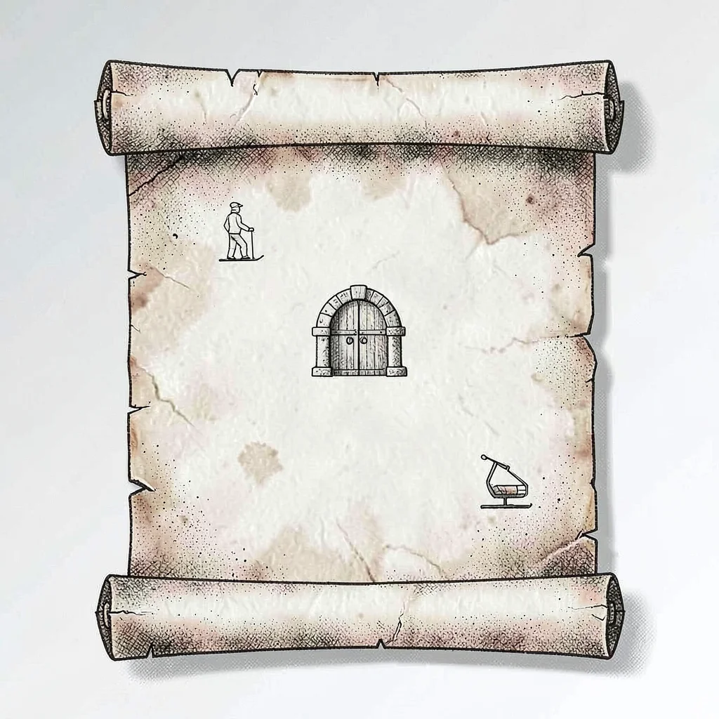 Legend card drawn as a parchment scroll with tiny gate, ski and chairlift icons,