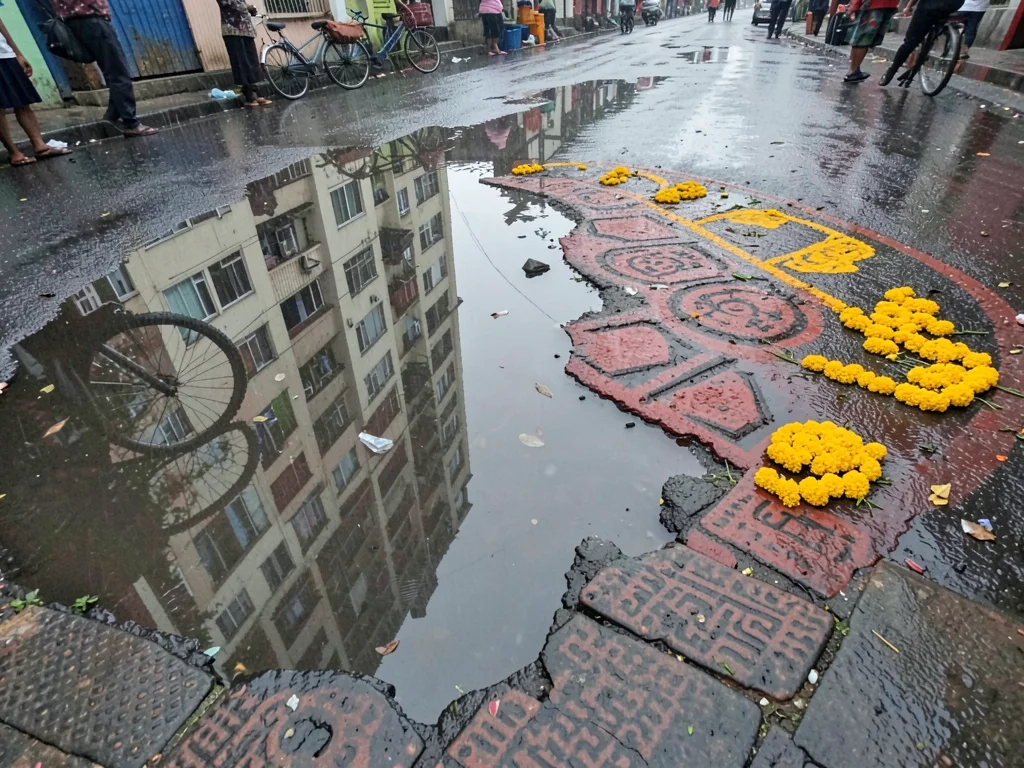 Monsoon puddle with kolam reflection