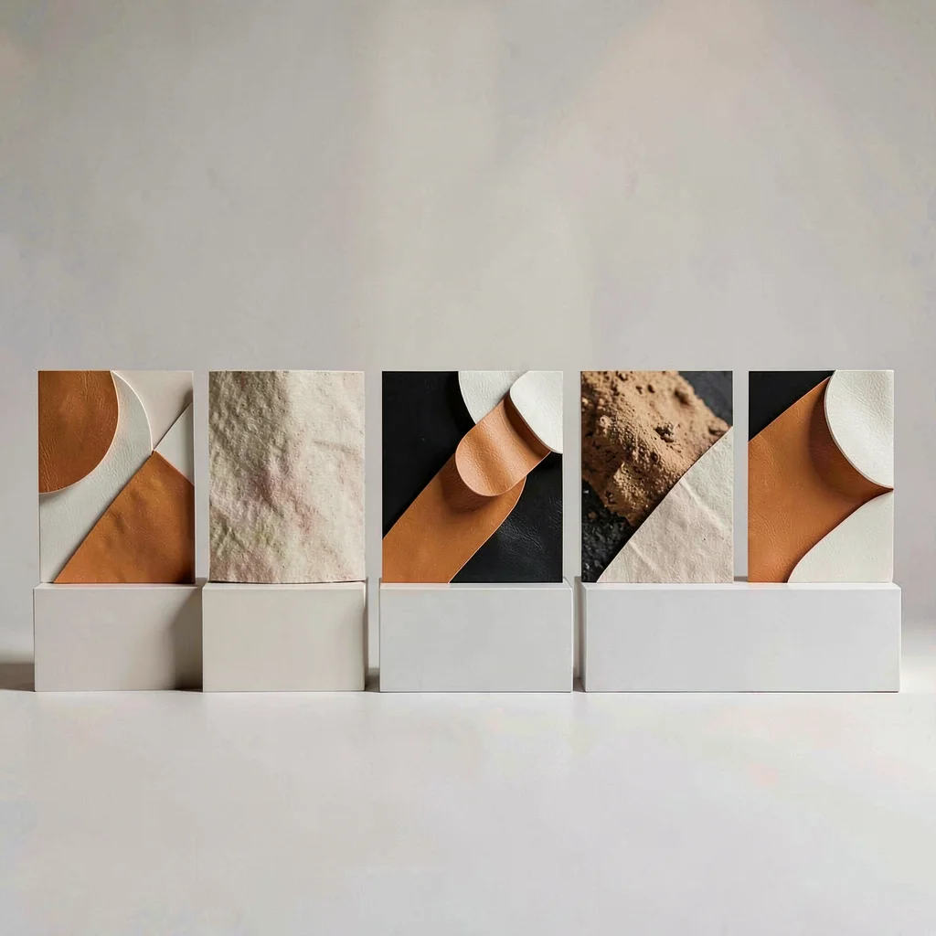 A fashion-lookbook accessory-detail strip of five close-crop abstract texture sh