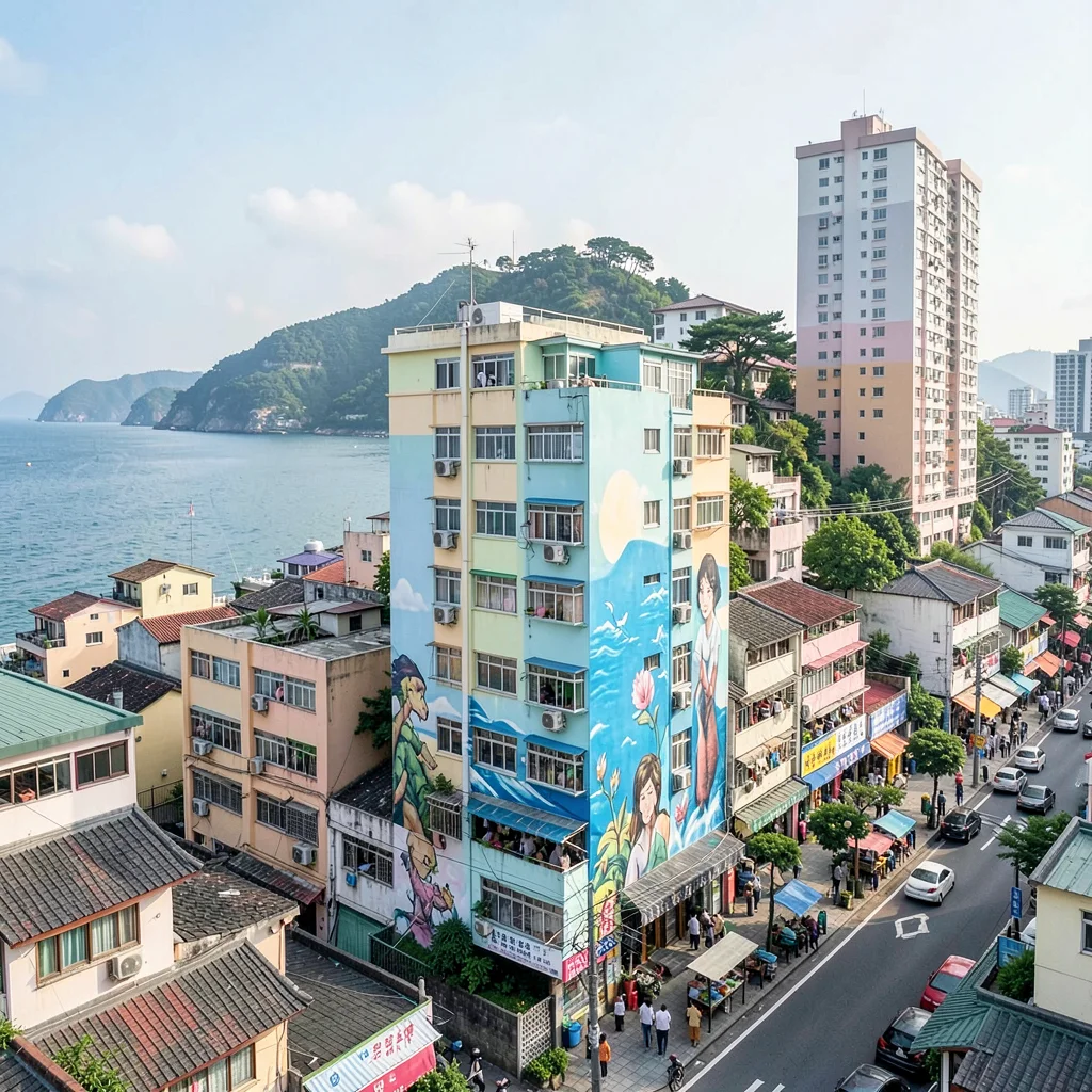 Busan vertical density, hillside village stacking, mural painted on building sid