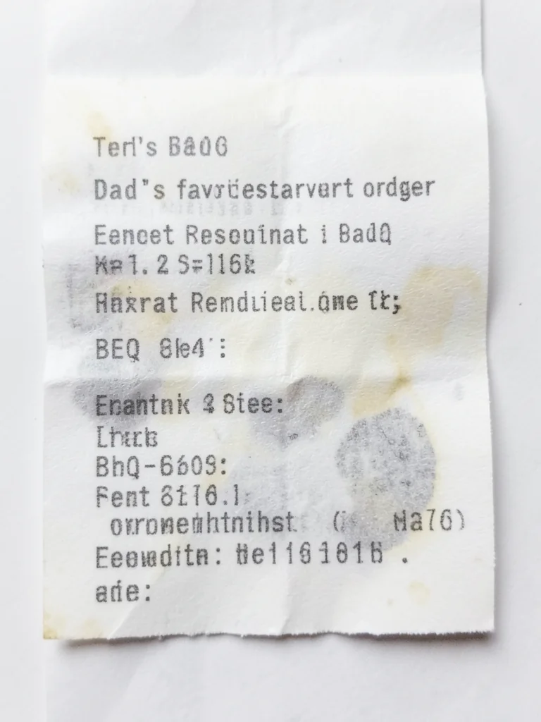 Receipt printout of dad's favorite restaurant order, BBQ items listed