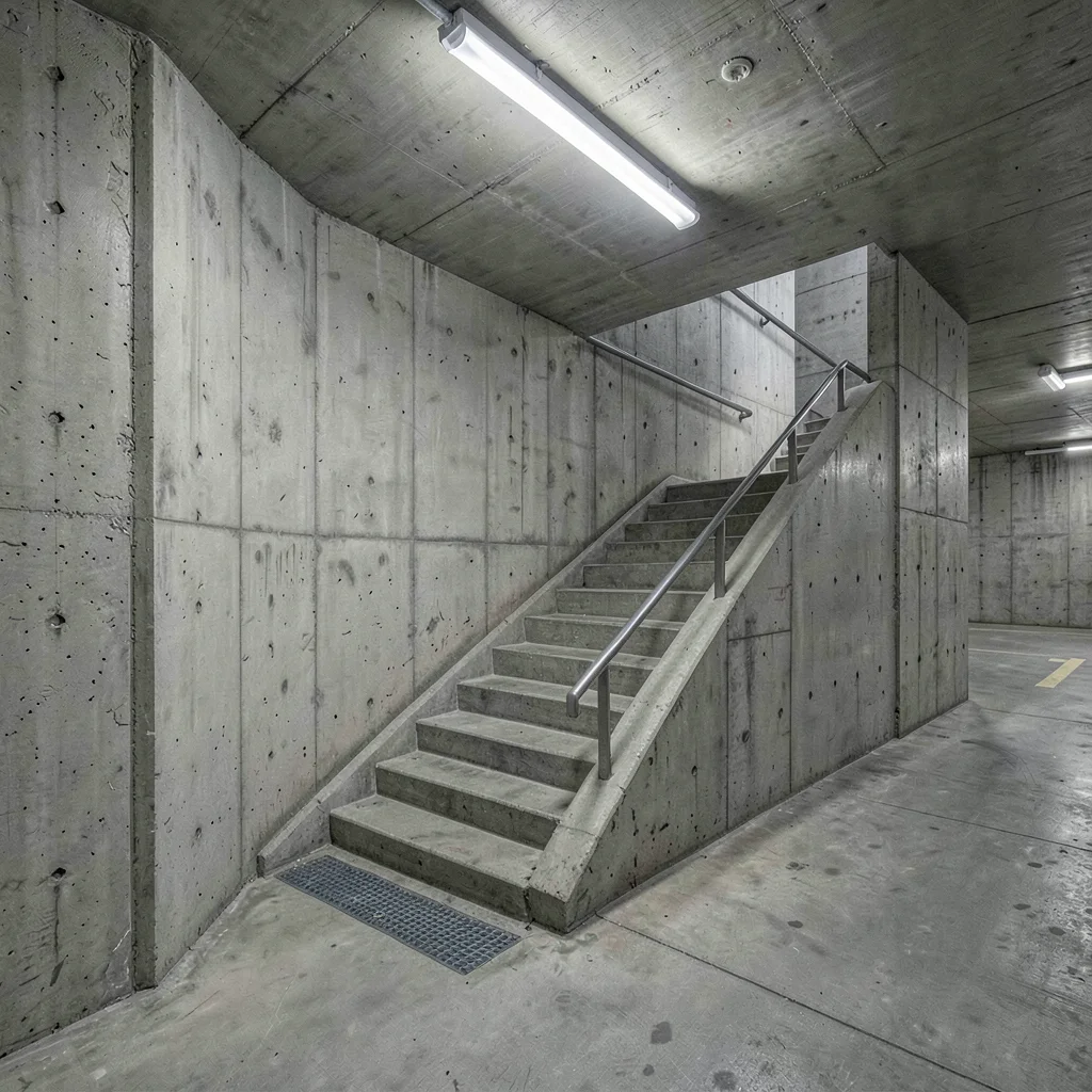 A parking structure interior corner — two raw concrete walls meeting, ramp desce