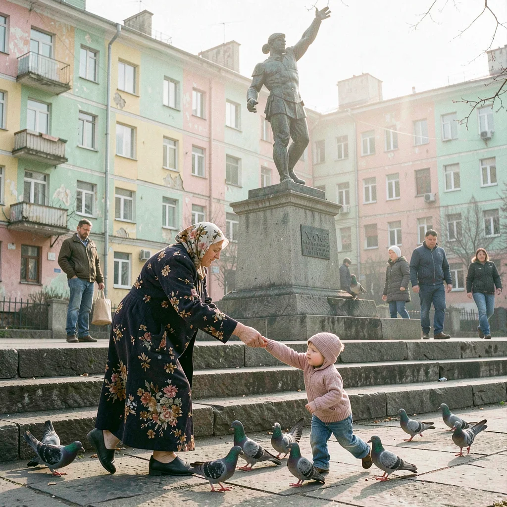Post-Soviet urban photography, A grandmother and grandchild feeding pigeons in f