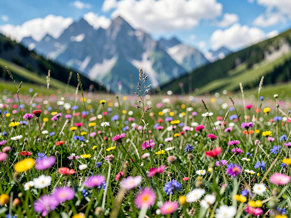 Alpine meadow flowers to distant peaks all sharp