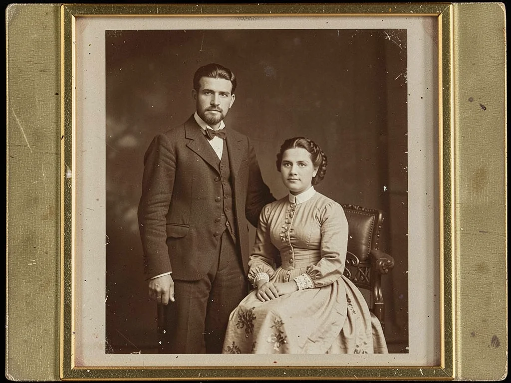 Young couple side by side, man standing, woman seated, formal and still as the p