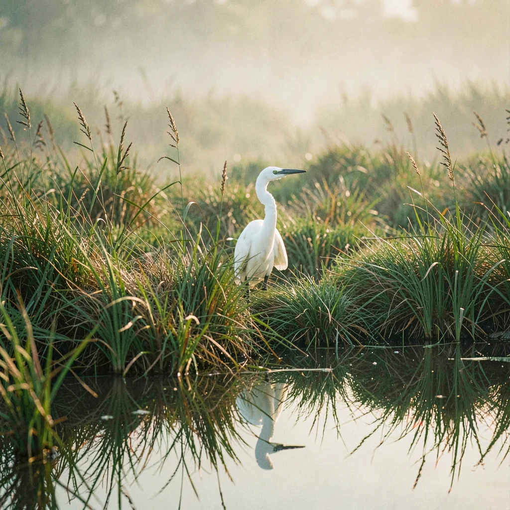 A single egret half-hidden in tall marsh grass at low fog, warm green-tea light,