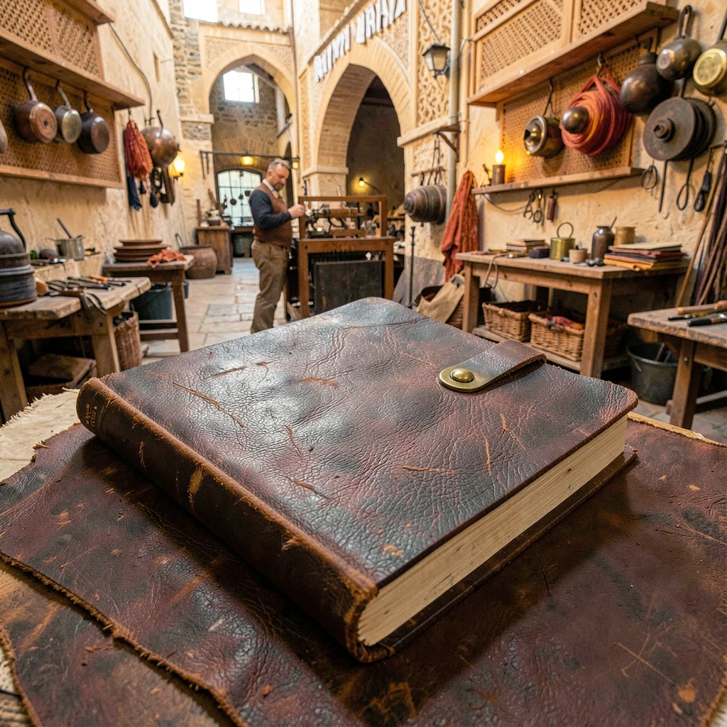 Through the Fes tannery eye, leather and dye craft, A leather journal with brass