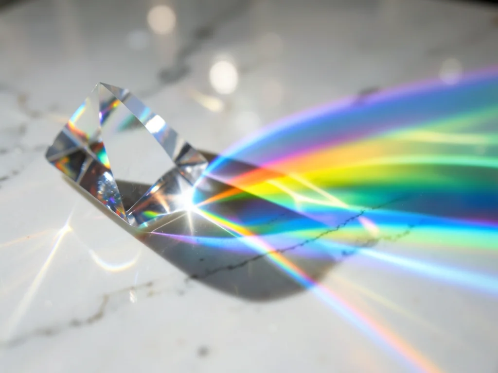 Spectral rainbow band fanning across white marble countertop, light split throug
