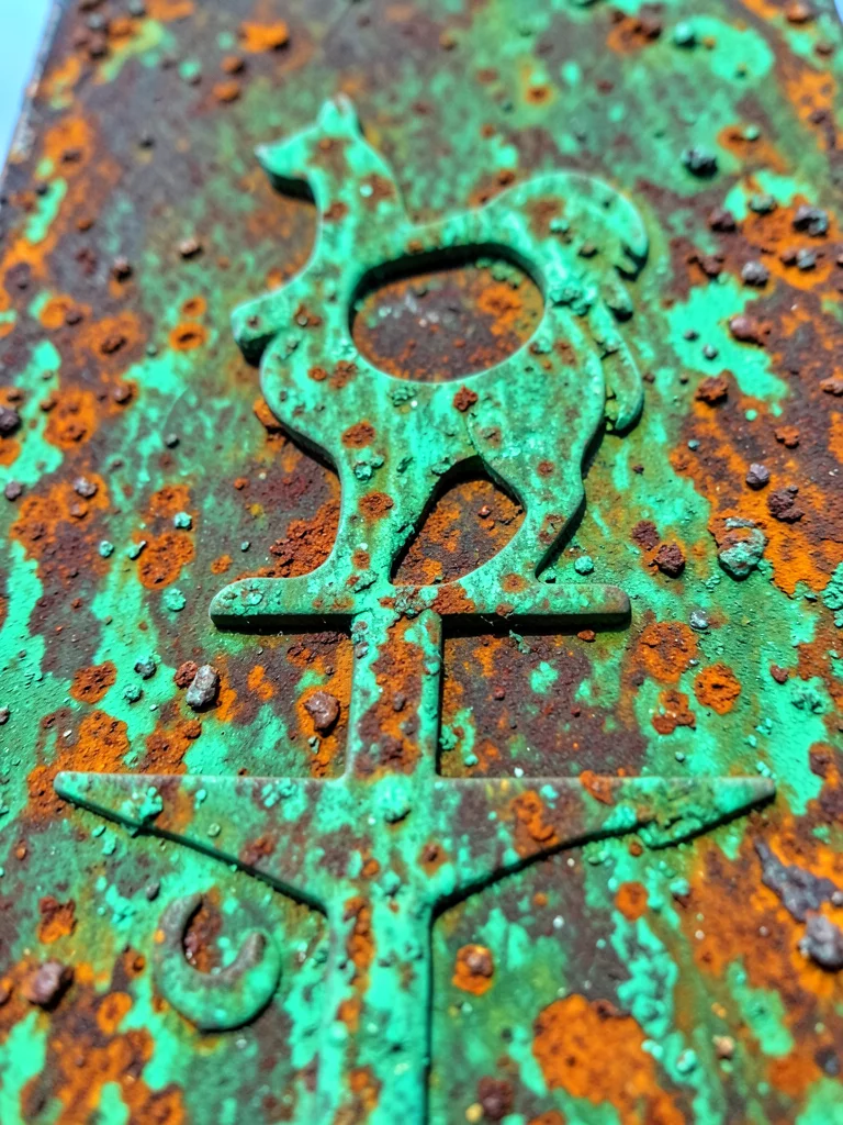 Copper weathervane in shape of cat, green verdigris, October sky