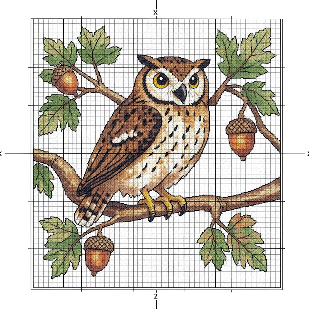 Cross-stitch owl on oak branch