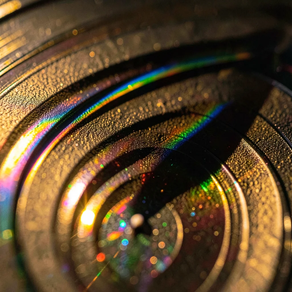 Record grooves macro catching Christmas candle light, warm prismatic detail
