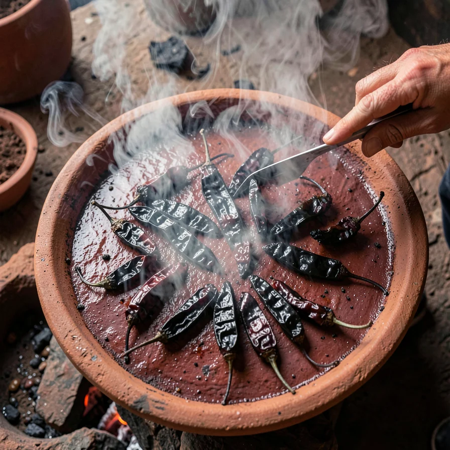 Overhead View of Chiles Charring Across Clay Comal