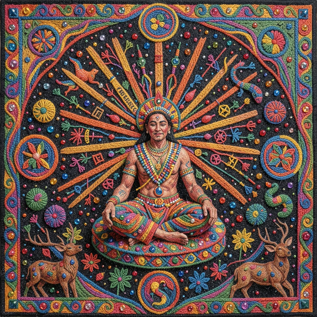 Shaman figure seated — surrounded by radiating sacred symbols, deer and serpent
