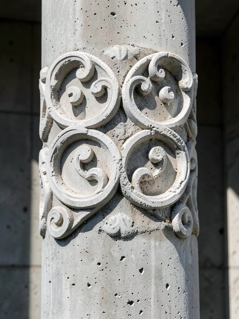Carved plaster arabesque pattern on brutalist concrete column, light and shadow