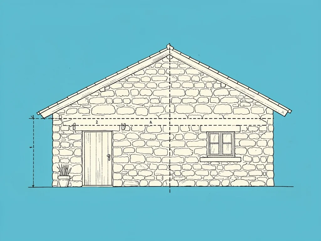 Section drawing of a vernacular stone cottage cut along its long axis, crisp ivo
