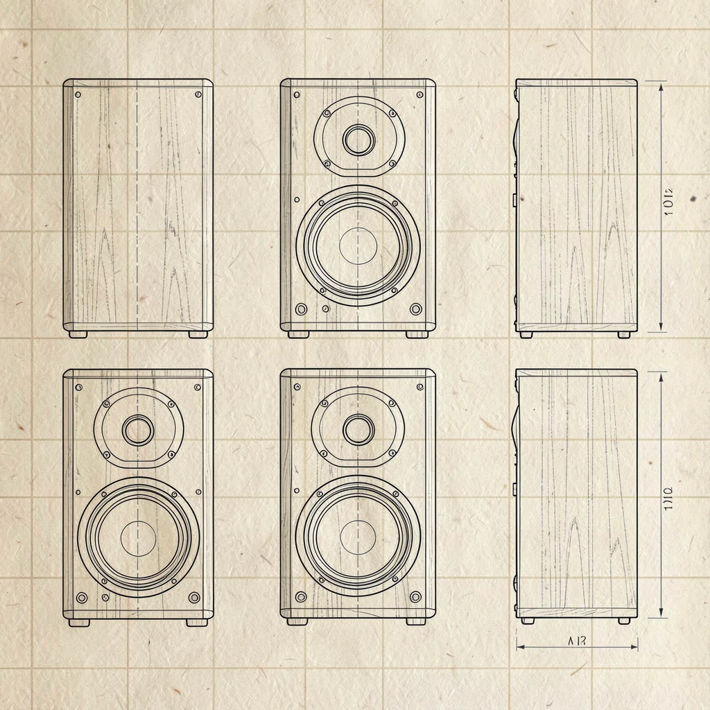 Technical orthographic of a speaker cabinet in three views, top, front, side, ha