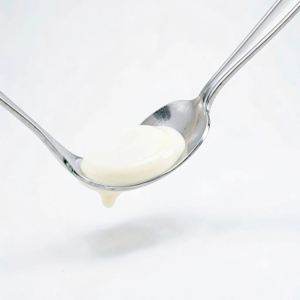Clean studio macro of a glass spatula lifting a smooth ribbon of cream, white ba