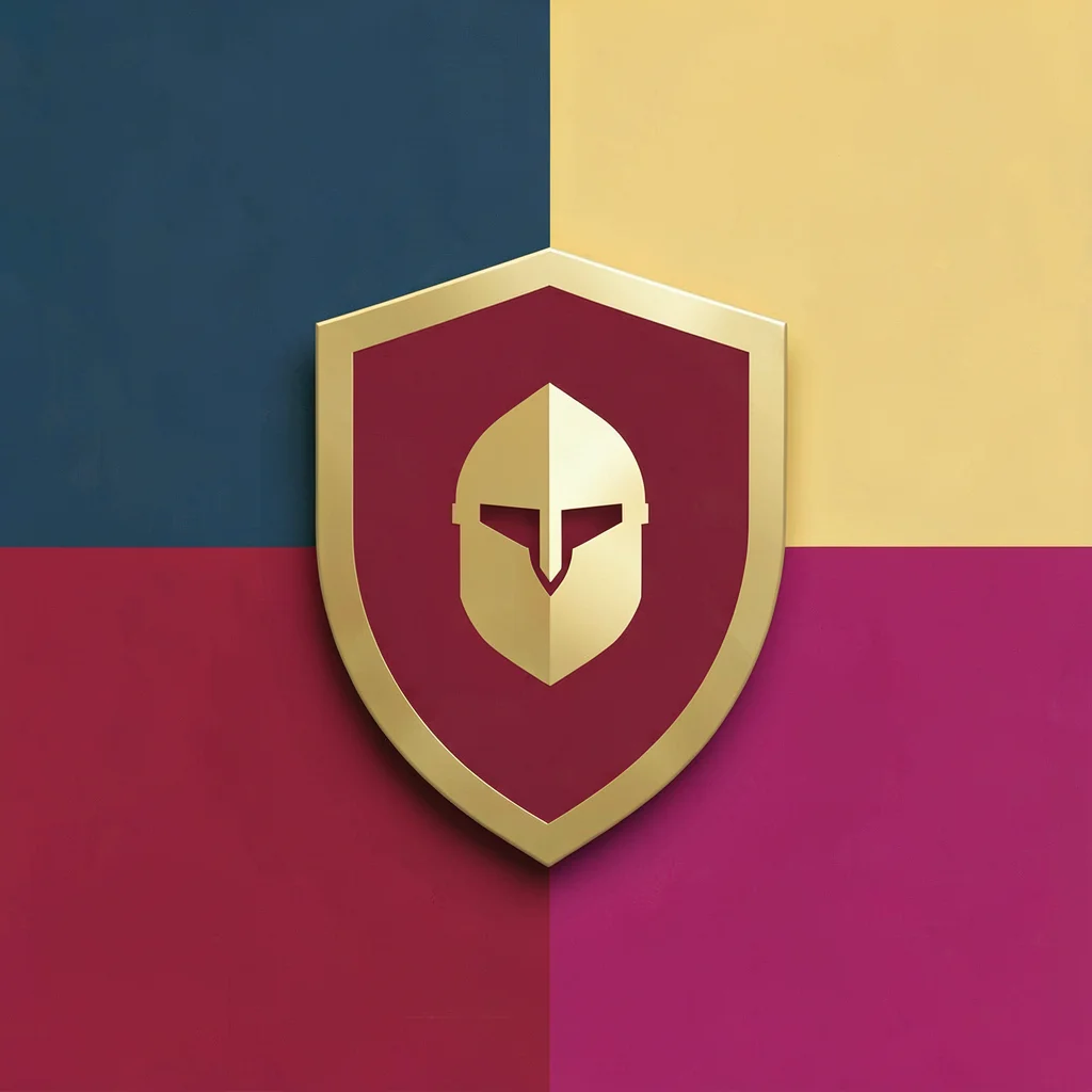 Flat geometric class icon of a knight helmet inside a rounded shield, gold and c