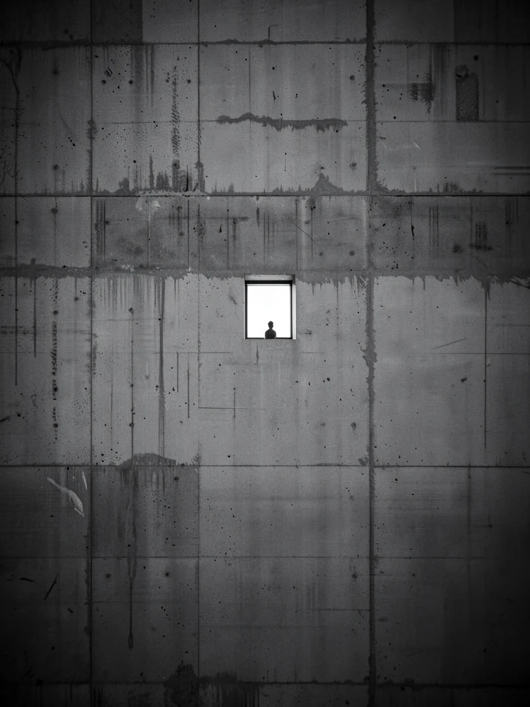 Tiny window in massive concrete wall filling entire frame