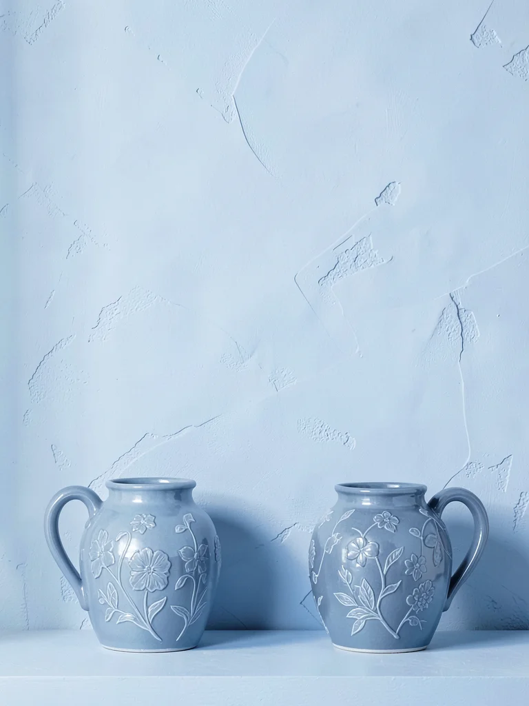 Powder blue composition, ceramic, cotton, painted wall, pale blue light matching