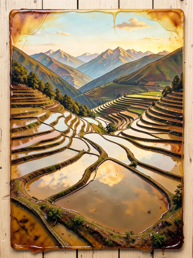 Terraced rice paddies on a mountainside with flooded fields reflecting the sky a